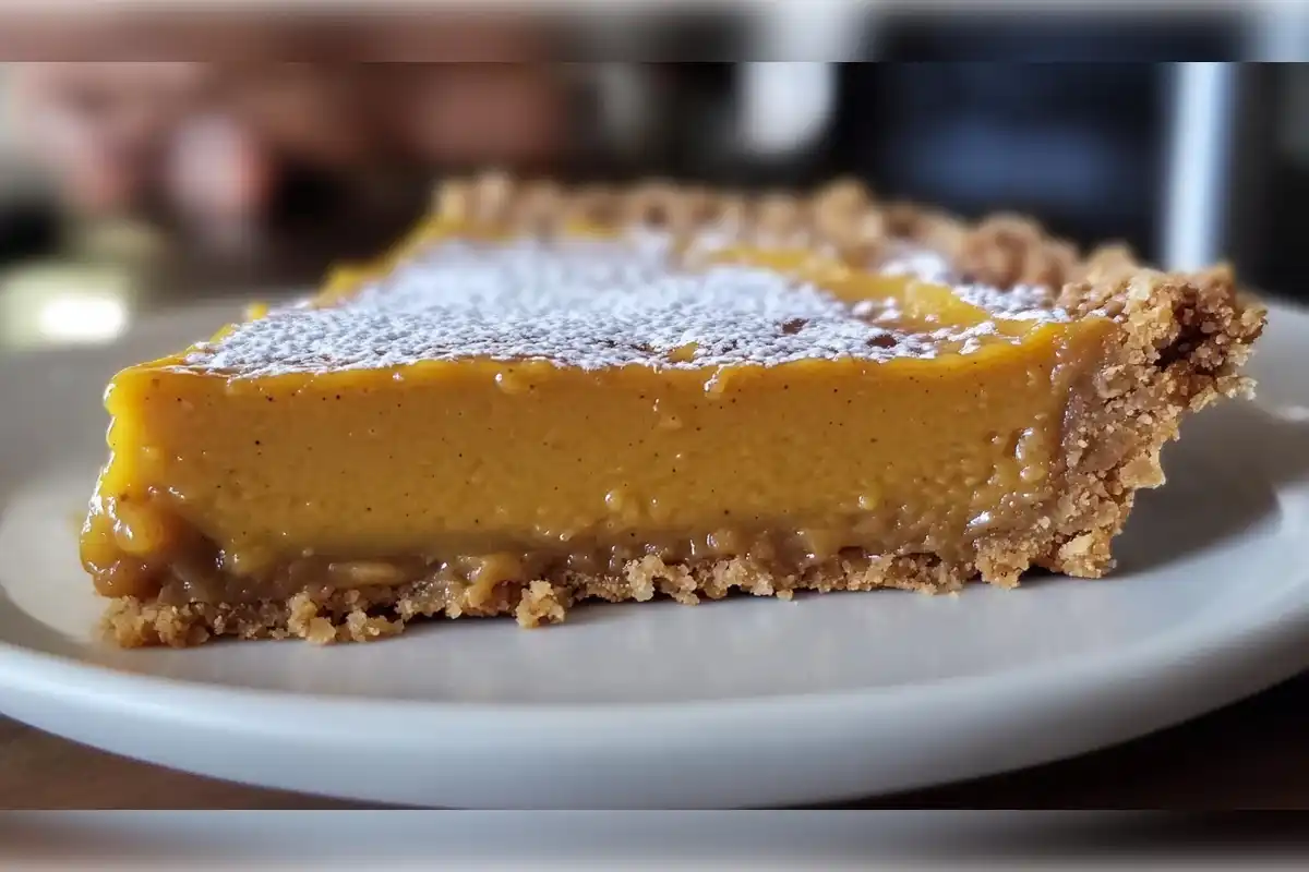 A close-up slice of Milk Bar pumpkin pie featuring a creamy pumpkin ganache filling, a caramel layer, and a golden oat-cookie crust, dusted with powdered sugar.