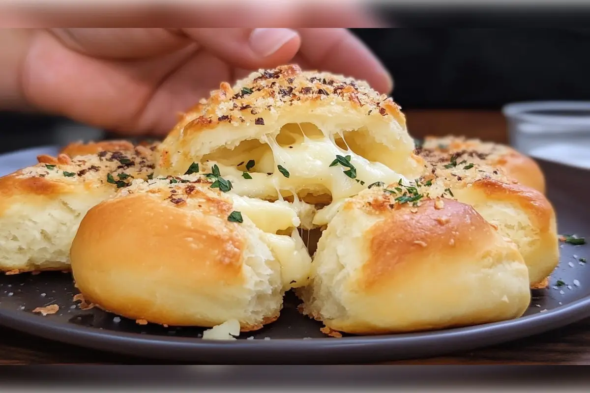 Freshly baked Pillsbury biscuit garlic butter cheese bombs with melted mozzarella cheese oozing out, garnished with fresh herbs and garlic seasoning on a dark plate.