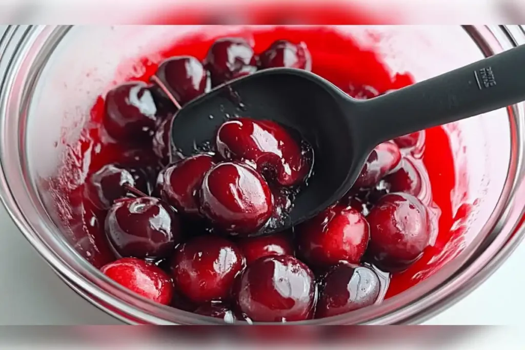 Fresh cherries mixed with canned cherry pie filling in a glass bowl, enhanced with added ingredients for better flavor and texture.