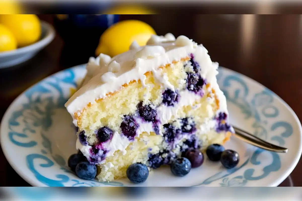 Slice of moist blueberry cake with fluffy white frosting, garnished with fresh blueberries, served on a decorative plate.