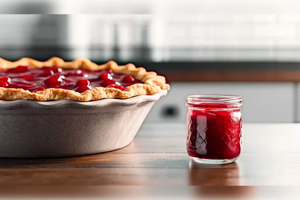 Close-up of a freshly baked cherry pie with a flaky crust beside a jar of cherry pie filling, representing a comparison between Comstock and Wilderness cherry pie fillings.